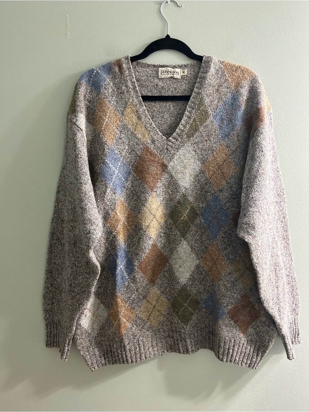 Vintage lambswool and silk argyle knit v neck sweater made in Ireland